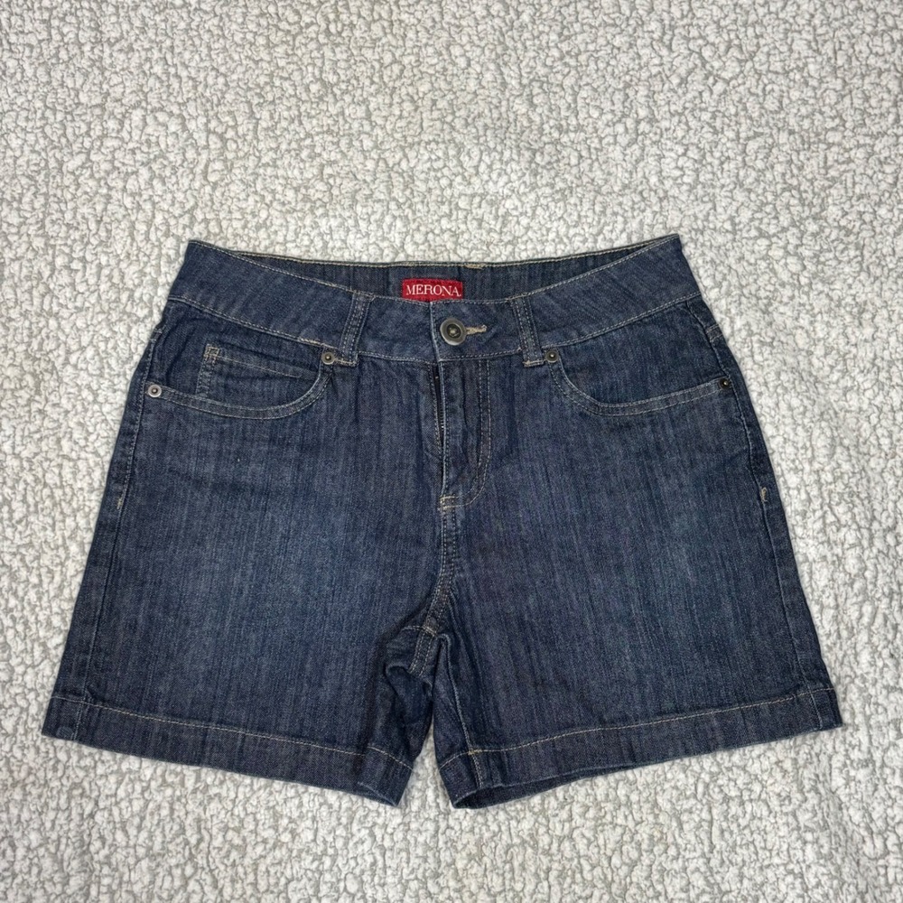 Merona Womens‎ Dark Wash Denim Shorts Fit 1 Size 2 Blue Cotton Stretch Indigo